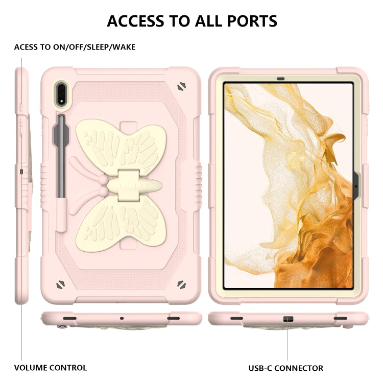 For Samsung Galaxy Tab S9+ Butterfly Kickstand Heavy Duty Hard Rugged Tablet Case(Beige+Rose Pink) - Galaxy Tab S9+ Cases by buy2fix | Online Shopping UK | buy2fix