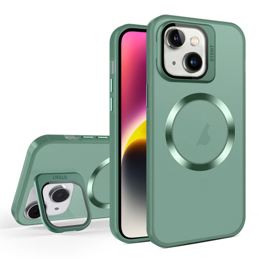 For iPhone 15 Skin Feel CD Texture MagSafe Lens Holder Phone Case(Green) - iPhone 15 Cases by buy2fix | Online Shopping UK | buy2fix