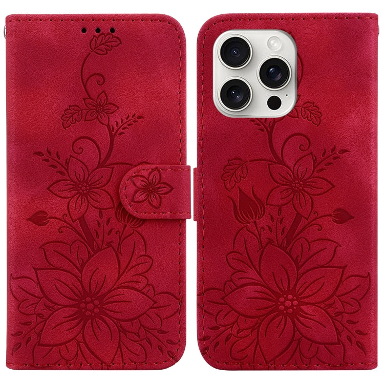 For iPhone 16 Pro Lily Embossed Leather Phone Case(Red) - iPhone 16 Pro Cases by buy2fix | Online Shopping UK | buy2fix