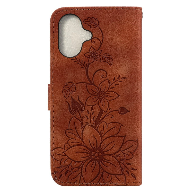 For iPhone 16 Plus Lily Embossed Leather Phone Case(Brown) - iPhone 16 Plus Cases by buy2fix | Online Shopping UK | buy2fix