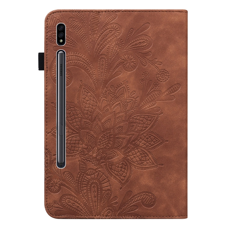 For Samsung Galaxy Tab S9 Lace Flower Embossing Pattern Leather Tablet Case(Brown) - Galaxy Tab S9 Cases by buy2fix | Online Shopping UK | buy2fix