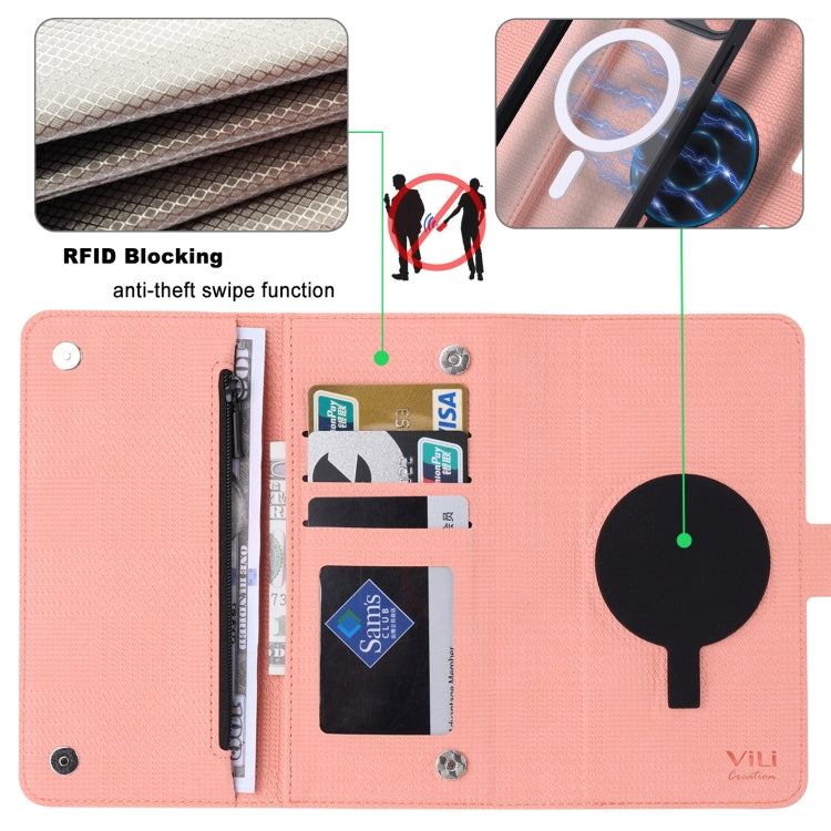 For iPhone 15 Pro ViLi GHB Series MagSafe Magnetic Zipper Leather Phone Case(Pink) - iPhone 15 Pro Cases by ViLi | Online Shopping UK | buy2fix