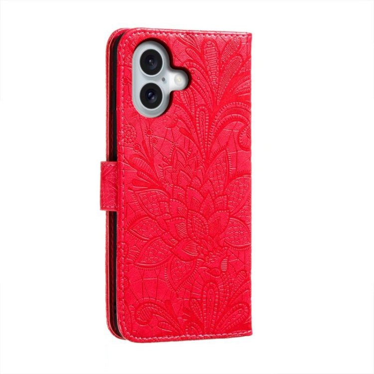 For iPhone 16 Lace Flower Embossing Flip Leather Phone Case(Red) - iPhone 16 Cases by buy2fix | Online Shopping UK | buy2fix