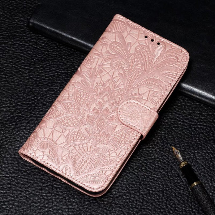 For iPhone 16 Plus Lace Flower Embossing Flip Leather Phone Case(Rose Gold) - iPhone 16 Plus Cases by buy2fix | Online Shopping UK | buy2fix