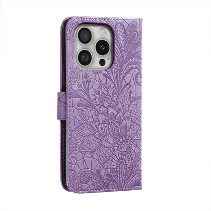 For iPhone 16 Pro Lace Flower Embossing Flip Leather Phone Case(Purple) - iPhone 16 Pro Cases by buy2fix | Online Shopping UK | buy2fix