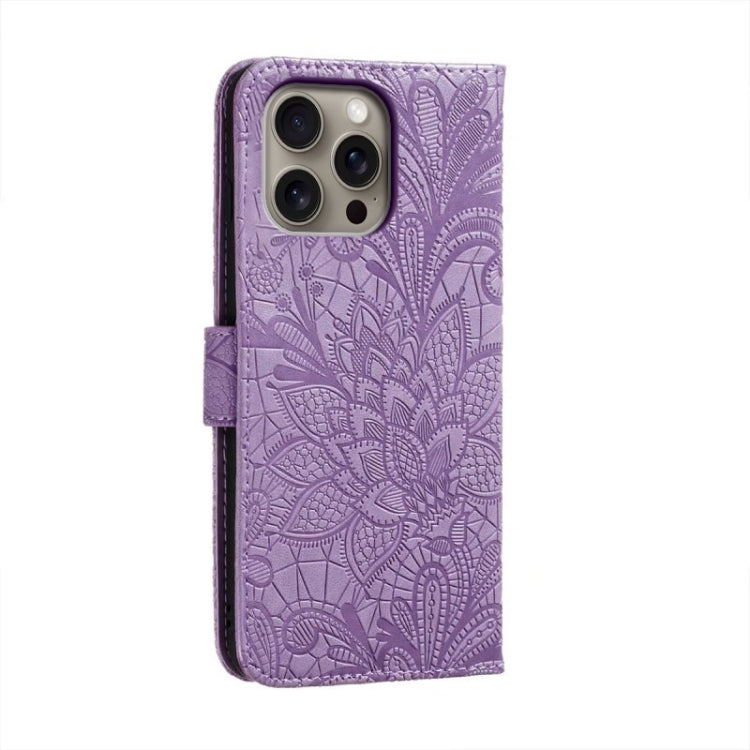 For iPhone 16 Pro Max Lace Flower Embossing Flip Leather Phone Case(Purple) - iPhone 16 Pro Max Cases by buy2fix | Online Shopping UK | buy2fix