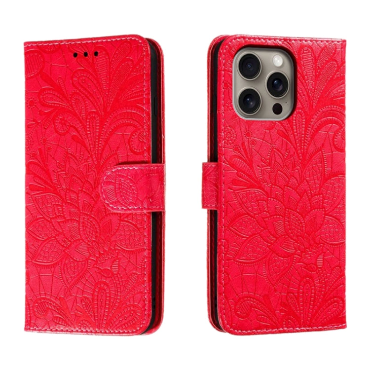 For iPhone 16 Pro Max Lace Flower Embossing Flip Leather Phone Case(Red) - iPhone 16 Pro Max Cases by buy2fix | Online Shopping UK | buy2fix