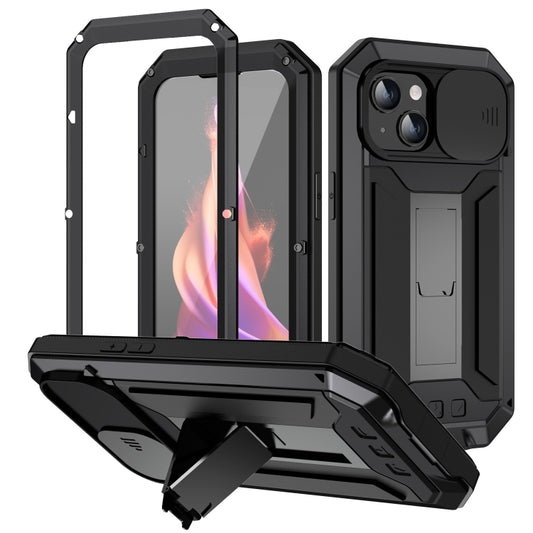 For iPhone 15 Plus R-JUST Sliding Camera Life Waterproof Holder Phone Case(Black) - iPhone 15 Plus Cases by R-JUST | Online Shopping UK | buy2fix