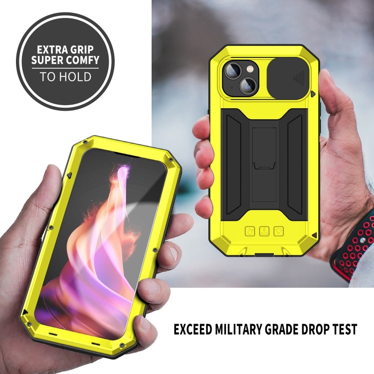 For iPhone 15 Plus R-JUST Sliding Camera Life Waterproof Holder Phone Case(Yellow) - iPhone 15 Plus Cases by R-JUST | Online Shopping UK | buy2fix