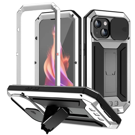 For iPhone 15 R-JUST Sliding Camera Life Waterproof Holder Phone Case(Silver) - iPhone 15 Cases by R-JUST | Online Shopping UK | buy2fix