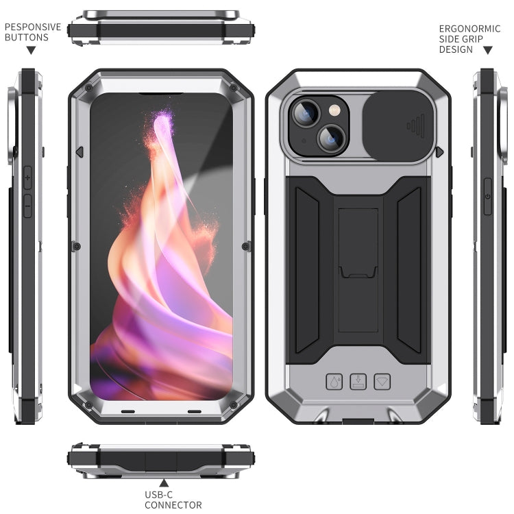For iPhone 15 R-JUST Sliding Camera Life Waterproof Holder Phone Case(Silver) - iPhone 15 Cases by R-JUST | Online Shopping UK | buy2fix