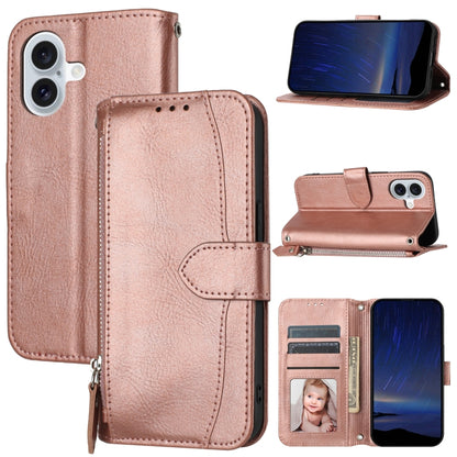 For iPhone 16 Oil Skin Zipper Wallet Leather Phone Case(Rose Gold) - iPhone 16 Cases by buy2fix | Online Shopping UK | buy2fix