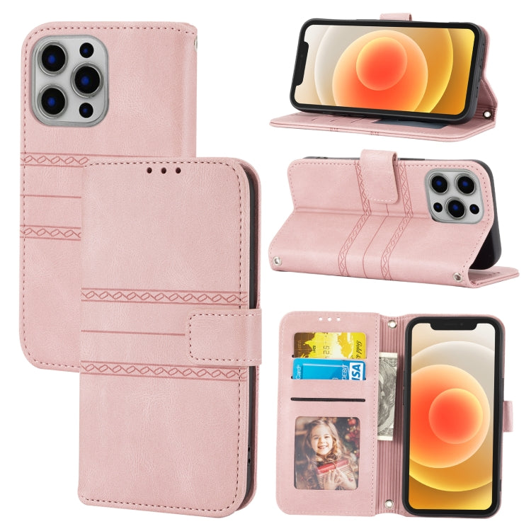 For iPhone 16 Pro Max Embossed Stripes Skin Feel Leather Phone Case(Pink) - iPhone 16 Pro Max Cases by buy2fix | Online Shopping UK | buy2fix