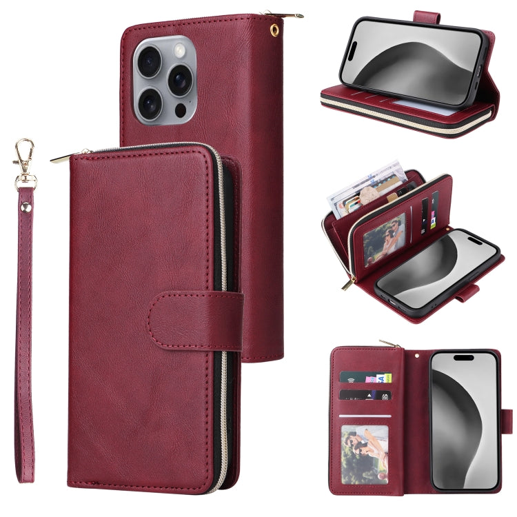 For iPhone 16 Pro Max 9 Card Slots Zipper Wallet Bag Leather Phone Case(Wine Red) - iPhone 16 Pro Max Cases by buy2fix | Online Shopping UK | buy2fix