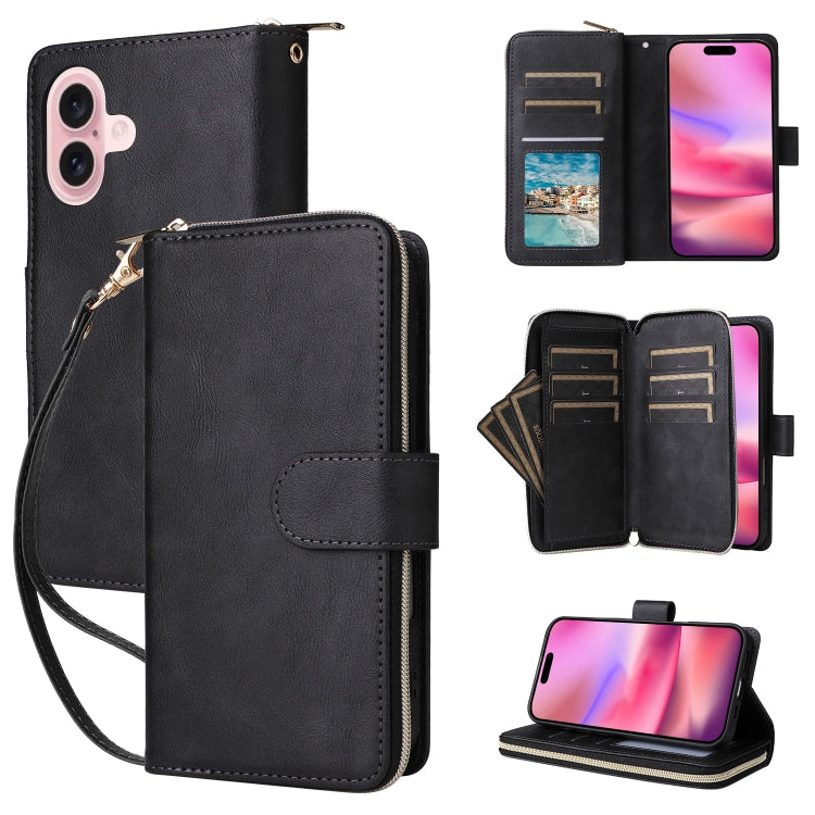 For iPhone 16 9 Card Slots Zipper Wallet Bag Leather Phone Case(Black) - iPhone 16 Cases by buy2fix | Online Shopping UK | buy2fix