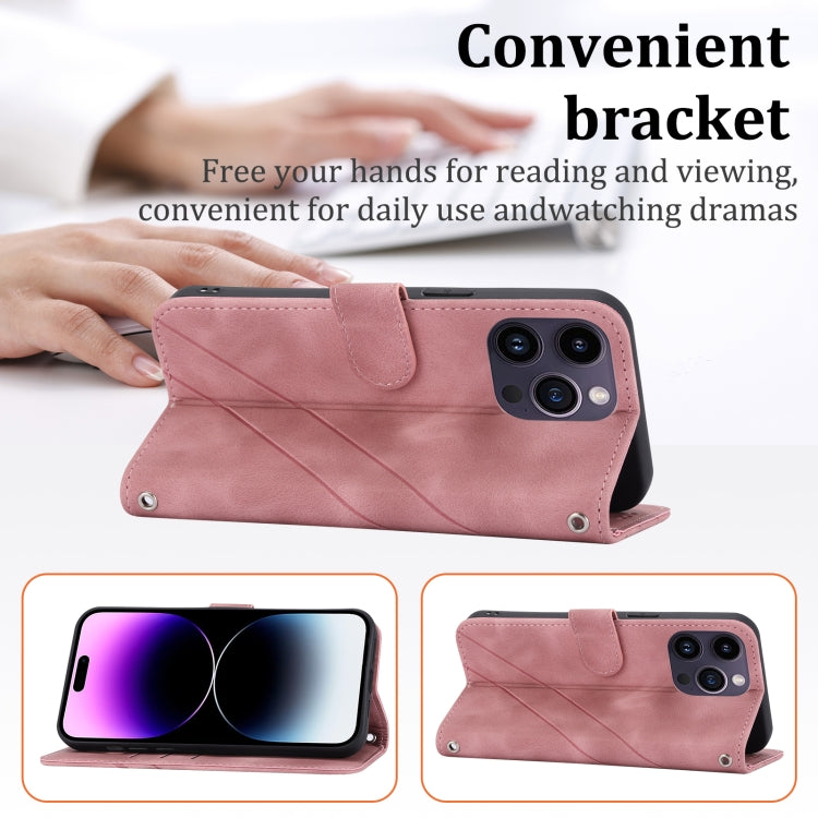 For iPhone 16 Pro Embossed Line Leather Phone Case with Lanyard(Pink) - iPhone 16 Pro Cases by buy2fix | Online Shopping UK | buy2fix