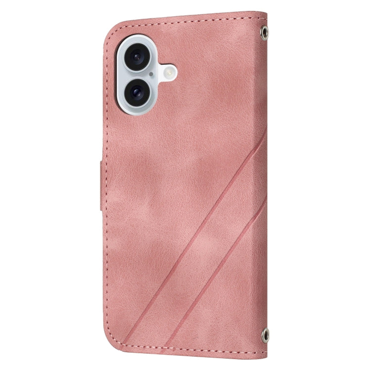 For iPhone 16 Embossed Line Leather Phone Case with Lanyard(Pink) - iPhone 16 Cases by buy2fix | Online Shopping UK | buy2fix