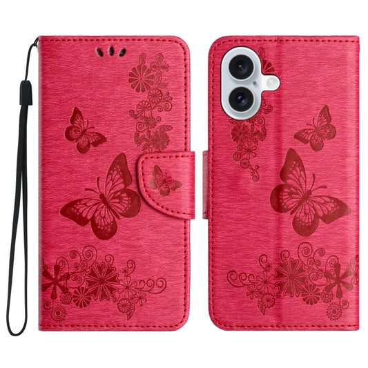 For iPhone 16 Butterfly Embossed Flip Leather Phone Case(Red) - iPhone 16 Cases by buy2fix | Online Shopping UK | buy2fix