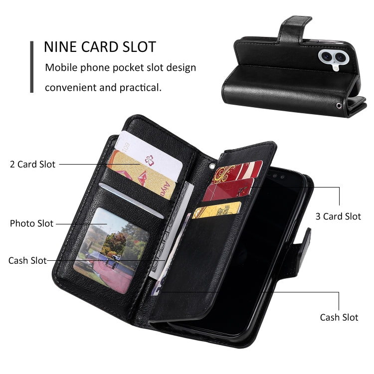 For iPhone 16 Plus Tri-Fold 9-Card Wallets Leather Phone Case(Black) - iPhone 16 Plus Cases by buy2fix | Online Shopping UK | buy2fix