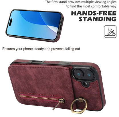 For iPhone 16 Retro Ring and Zipper RFID Card Slot Phone Case(Wine Red) - iPhone 16 Cases by buy2fix | Online Shopping UK | buy2fix