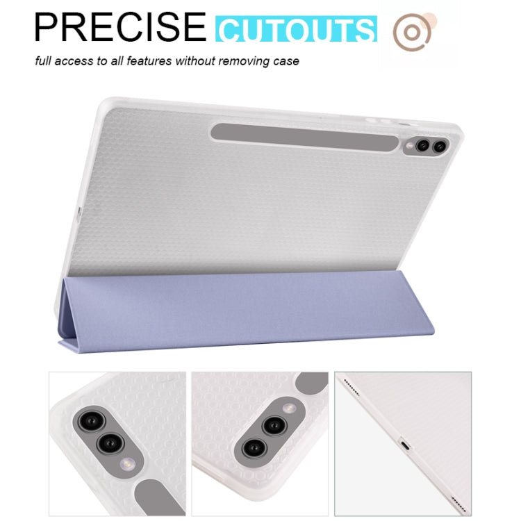 For Samsung Galaxy Tab S9+ 3-folding Transparent TPU Smart Leather Tablet Case with Pen Slot(Lavender) - Galaxy Tab S9+ Cases by buy2fix | Online Shopping UK | buy2fix