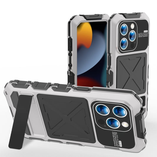 For iPhone 15 Pro Max R-JUST Metal + Silicone + Tempered Glass Life Waterproof Phone Case with Holder(Silver) - iPhone 15 Pro Max Cases by R-JUST | Online Shopping UK | buy2fix