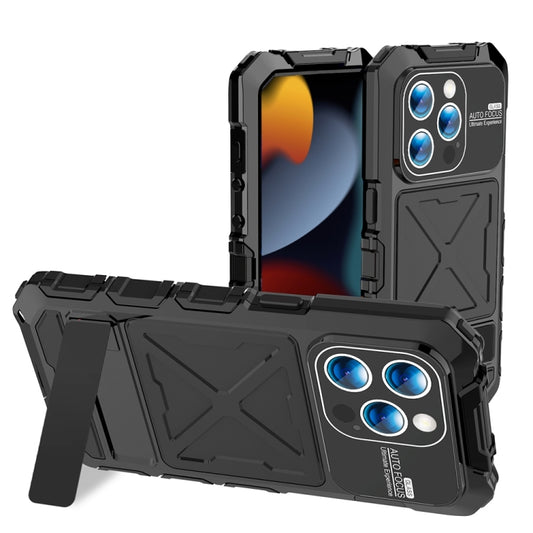 For iPhone 15 Pro R-JUST Metal + Silicone + Tempered Glass Life Waterproof Phone Case with Holder(Black) - iPhone 15 Pro Cases by R-JUST | Online Shopping UK | buy2fix