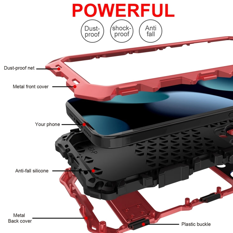 For iPhone 15 Pro R-JUST Metal + Silicone + Tempered Glass Life Waterproof Phone Case with Holder(Red) - iPhone 15 Pro Cases by R-JUST | Online Shopping UK | buy2fix