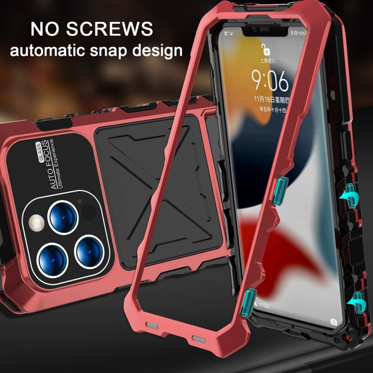 For iPhone 15 Pro R-JUST Metal + Silicone + Tempered Glass Life Waterproof Phone Case with Holder(Red) - iPhone 15 Pro Cases by R-JUST | Online Shopping UK | buy2fix