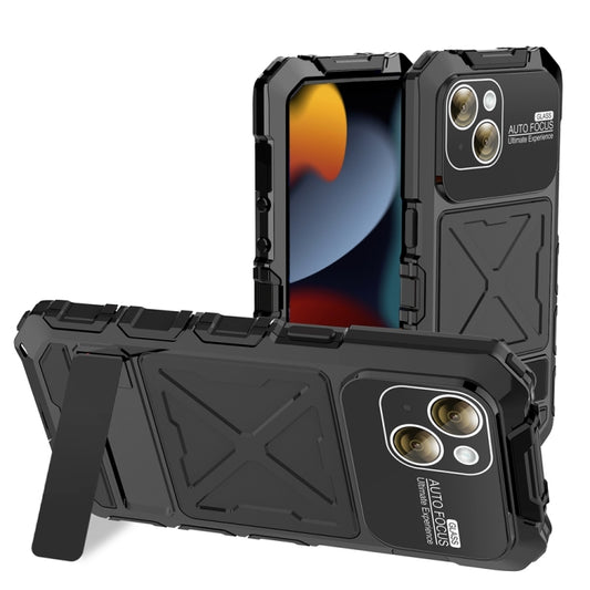 For iPhone 15 Plus R-JUST Metal + Silicone + Tempered Glass Life Waterproof Phone Case with Holder(Black) - iPhone 15 Plus Cases by R-JUST | Online Shopping UK | buy2fix