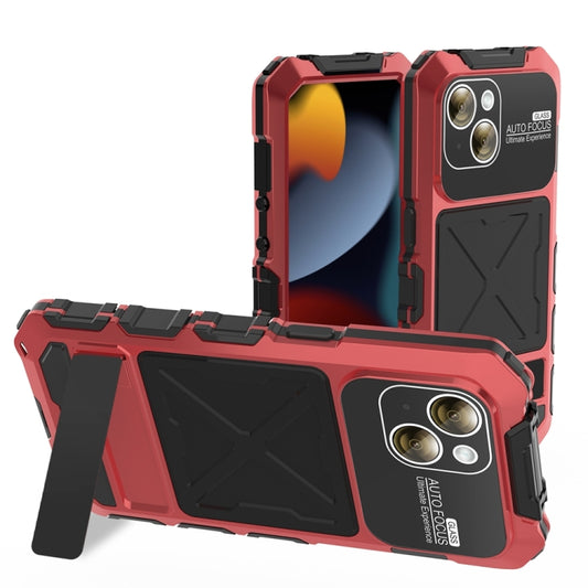 For iPhone 15 R-JUST Metal + Silicone + Tempered Glass Life Waterproof Phone Case with Holder(Red) - iPhone 15 Cases by R-JUST | Online Shopping UK | buy2fix