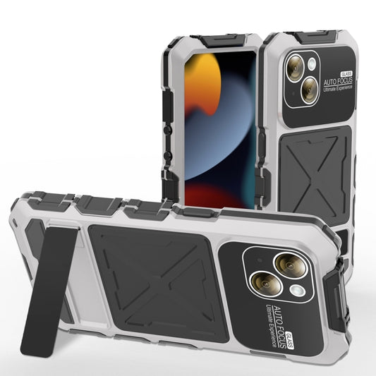 For iPhone 15 R-JUST Metal + Silicone + Tempered Glass Life Waterproof Phone Case with Holder(Silver) - iPhone 15 Cases by R-JUST | Online Shopping UK | buy2fix