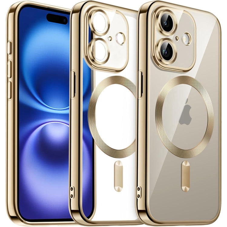 For iPhone 16 Transparent Electroplated Magsafe Magnetic TPU Phone Case(Gold) - iPhone 16 Cases by buy2fix | Online Shopping UK | buy2fix