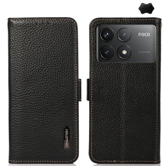 For Xiaomi Redmi K70 KHAZNEH Side-Magnetic Litchi Genuine Leather RFID Phone Case(Black) - K70 Cases by buy2fix | Online Shopping UK | buy2fix