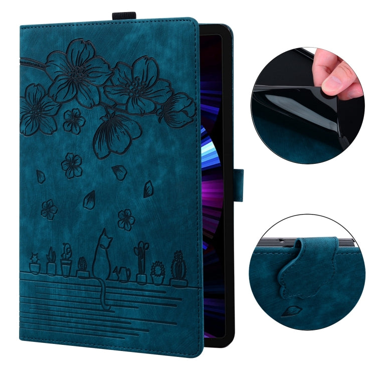 For Samsung Galaxy Tab S9 /S8 /S7 Cartoon Sakura Cat Embossed Smart Leather Tablet Case(Blue) - Galaxy Tab S9 Cases by buy2fix | Online Shopping UK | buy2fix