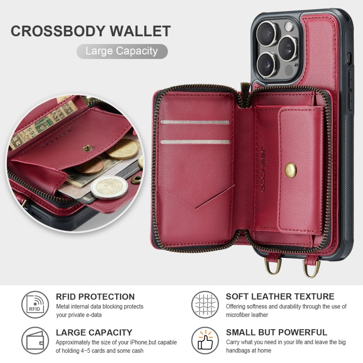 For iPhone 15 Pro Max JEEHOOD C22 Series Zipper Wallet Leather Phone Case with Dual Lanyard(Red) - iPhone 15 Pro Max Cases by JEEHOOD | Online Shopping UK | buy2fix