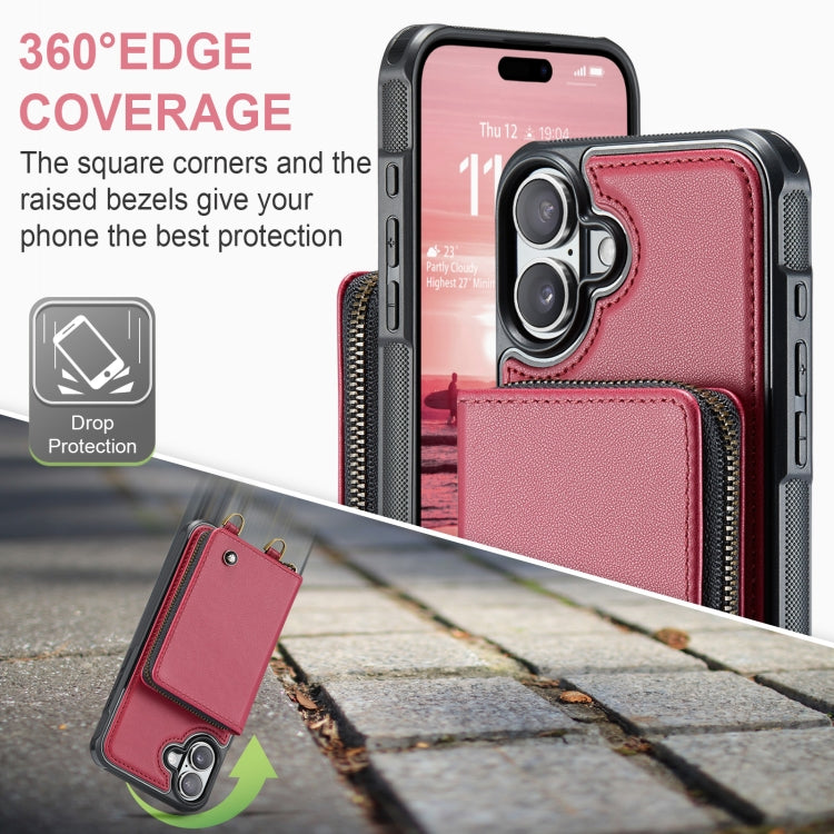 For iPhone 16 Plus JEEHOOD C22 Series Zipper Wallet Leather Phone Case with Dual Lanyard(Red) - iPhone 16 Plus Cases by JEEHOOD | Online Shopping UK | buy2fix