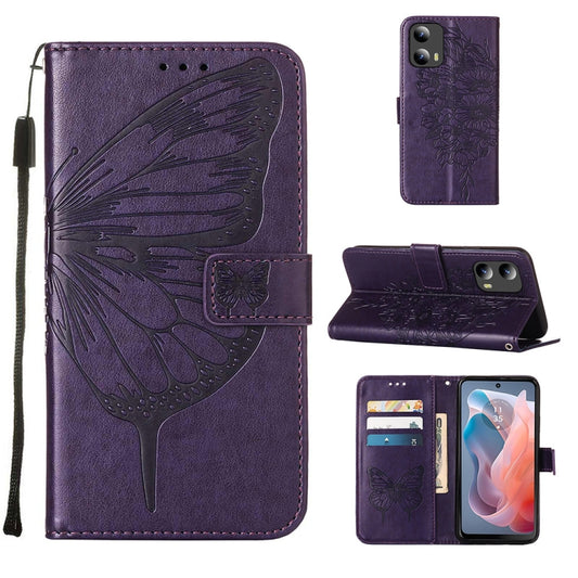 For Motorola Moto G Play 5G 2024 Embossed Butterfly Leather Phone Case(Dark Purple) - Motorola Cases by buy2fix | Online Shopping UK | buy2fix