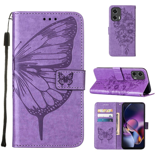 For Motorola Moto G Stylus 5G 2024 Embossed Butterfly Leather Phone Case(Purple) - Motorola Cases by buy2fix | Online Shopping UK | buy2fix