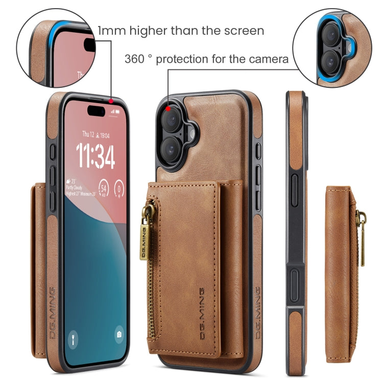 For iPhone 16 Plus DG.MING M5 Series Zip RFID Multi Card Detachable Leather Phone Case(Brown) - iPhone 16 Plus Cases by DG.MING | Online Shopping UK | buy2fix