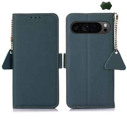 For Google Pixel 9 Pro Side-Magnetic TJ Genuine Leather RFID Phone Case(Green) - Google Cases by buy2fix | Online Shopping UK | buy2fix