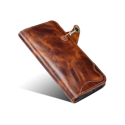 For iPhone 15 Pro Max Denior Oil Wax Cowhide Magnetic Button Genuine Leather Case(Brown) - iPhone 15 Pro Max Cases by Denior | Online Shopping UK | buy2fix