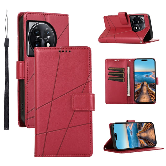 For OnePlus 11 PU Genuine Leather Texture Embossed Line Phone Case(Red) - OnePlus Cases by buy2fix | Online Shopping UK | buy2fix