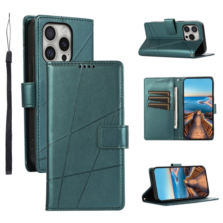 For iPhone 16 Pro PU Genuine Leather Texture Embossed Line Phone Case(Green) - iPhone 16 Pro Cases by buy2fix | Online Shopping UK | buy2fix