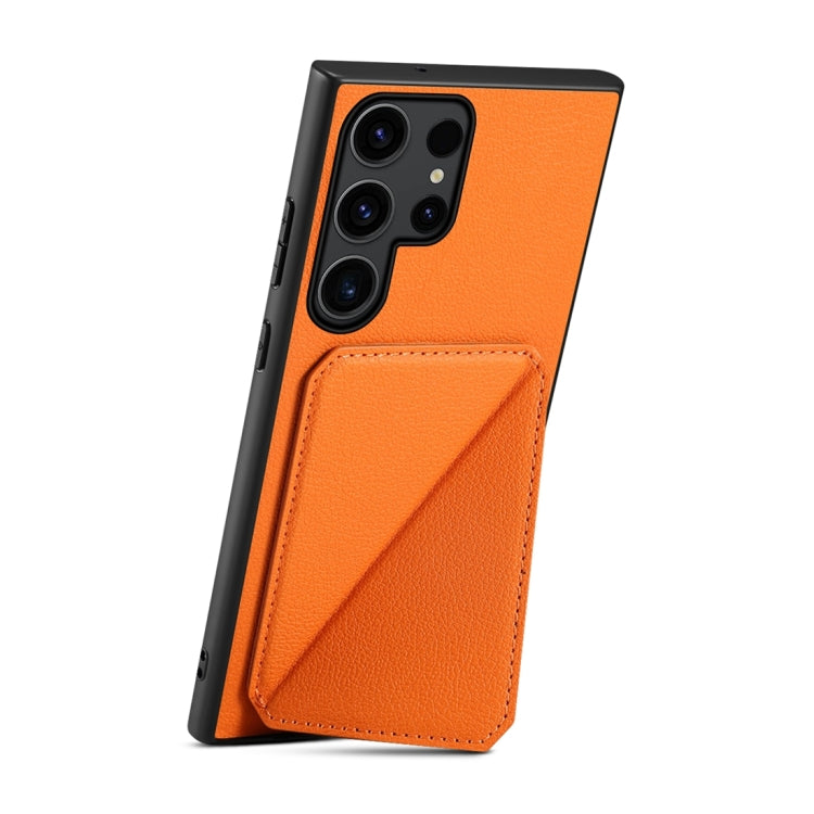 For Samsung Galaxy S23 Ultra 5G Denior Calf Texture Holder Electroplating Phone Case(Orange) - Galaxy S23 Ultra 5G Cases by Denior | Online Shopping UK | buy2fix