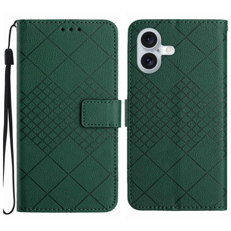 For iPhone 16 Rhombic Grid Texture Leather Phone Case(Green) - iPhone 16 Cases by buy2fix | Online Shopping UK | buy2fix