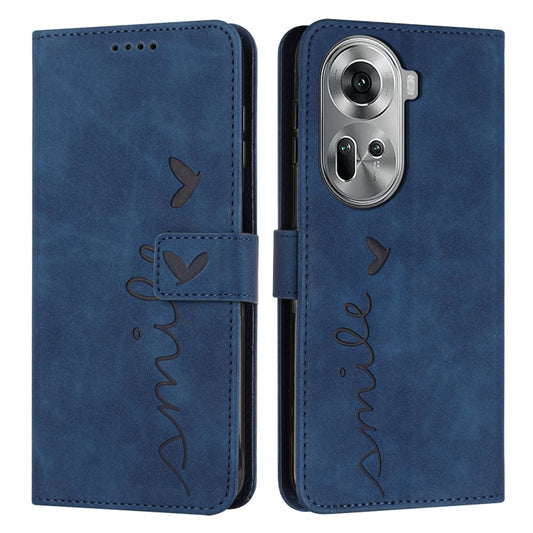 For OPPO Reno11 5G Global Skin Feel Heart Embossed Leather Phone Case with Long Lanyard(Blue) - Reno11 Cases by buy2fix | Online Shopping UK | buy2fix