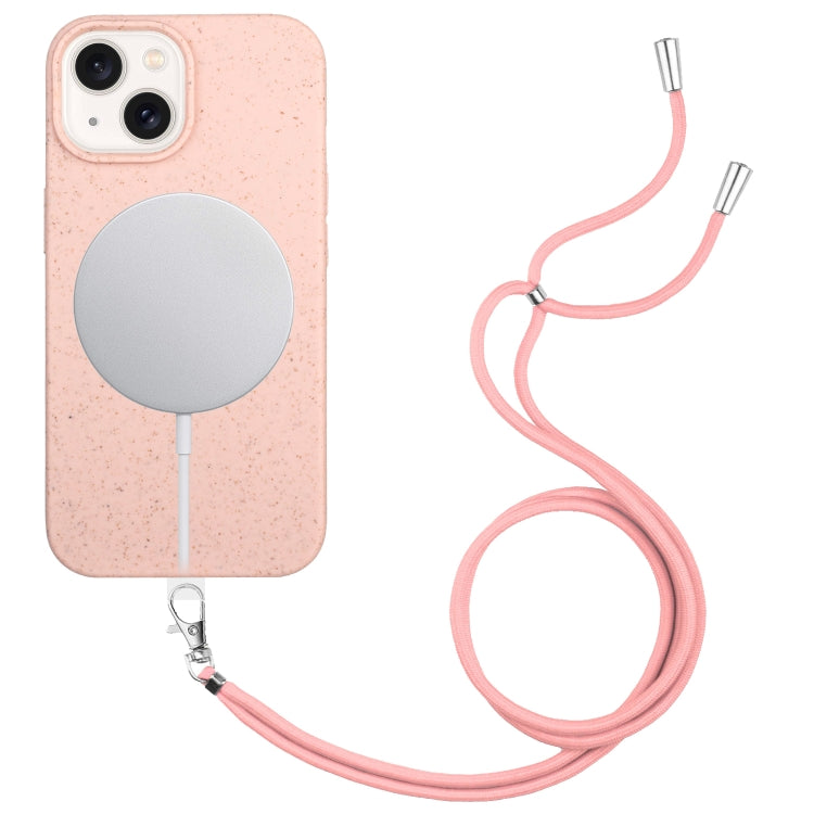 For iPhone 13 Wheat MagSafe Magnetic Straw Material + TPU Phone Case with Lanyard(Pink) - iPhone 13 Cases by buy2fix | Online Shopping UK | buy2fix