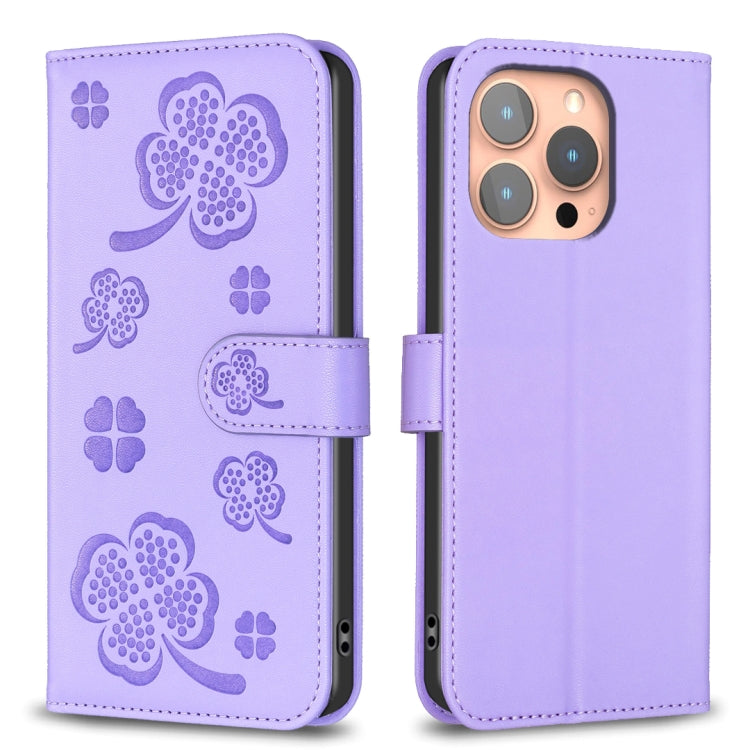 For iPhone 16 Pro Max Four-leaf Embossed Leather Phone Case(Purple) - iPhone 16 Pro Max Cases by buy2fix | Online Shopping UK | buy2fix