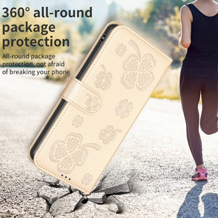 For iPhone 16 Four-leaf Embossed Leather Phone Case(Gold) - iPhone 16 Cases by buy2fix | Online Shopping UK | buy2fix